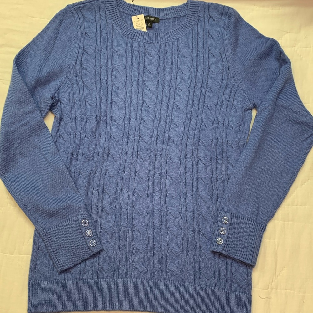 Talbots Preppy Cabincore Periwinkle Blue Cable Knit Crew Neck‎ Sweater Small NWT